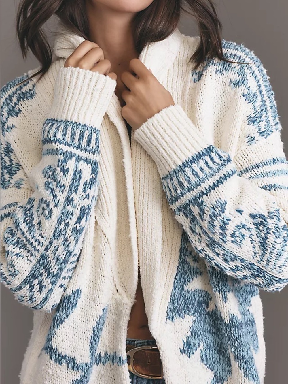 Pilcro Cream Blue Floral Instarsia Knit Shawl-Collar Open Bohemian Cardigan L/XL - Picture 2 of 9